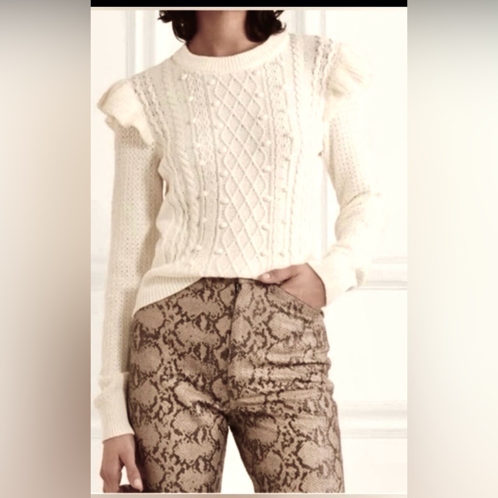 Veronica Beard Earl Cotton Popcorn Cableknit Sweater Ruffle Shoulder Cream Sz. M